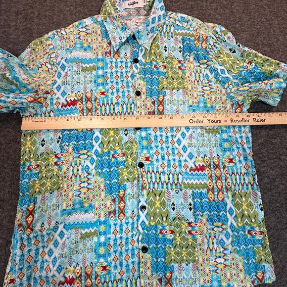 Vatpove Shirt Womens Medium Green Blue Aztec Madras Coastal Country Vacation - Picture 4 of 9